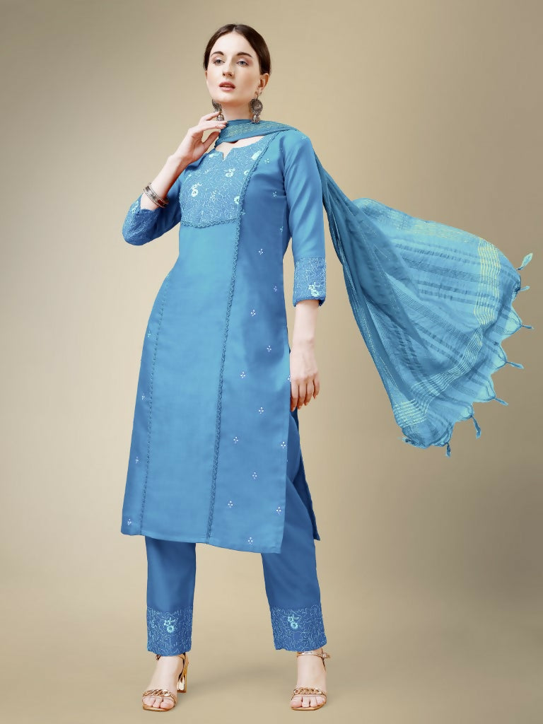 Jyoti Fashion Women's Sky Blue Cotton Blend Embroidery & Fancy Lace work Kurta with Trouser & Dupatta | Grocsy