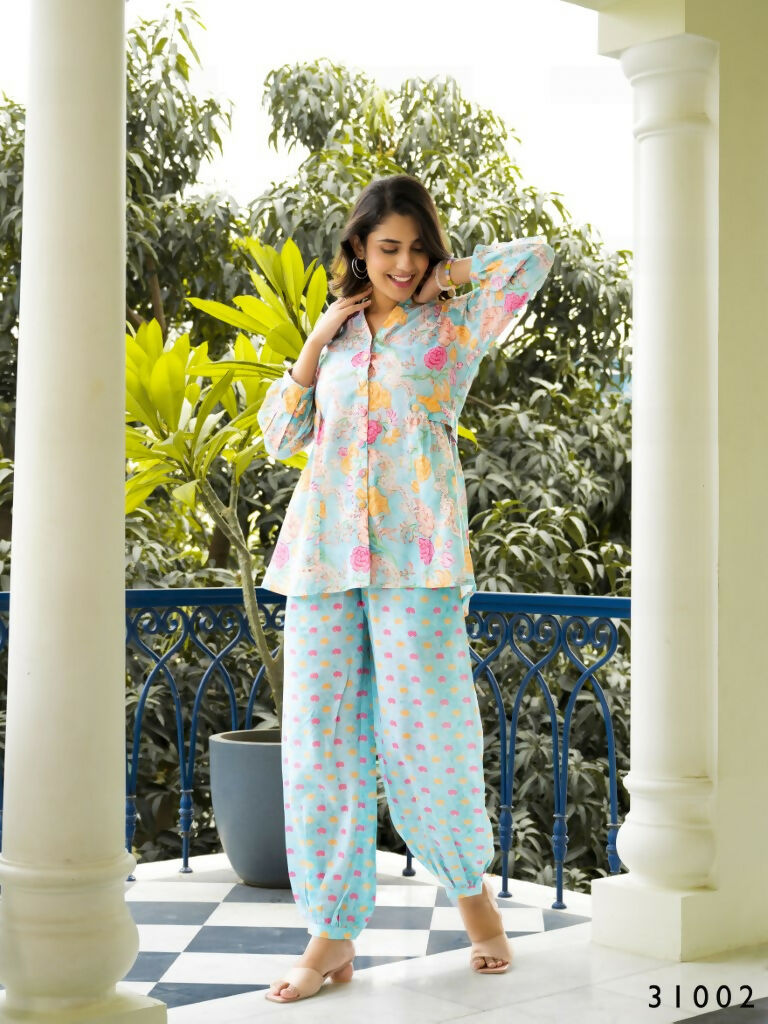 Casual Fashionable Multi Muslin Cotton co-ord set - Manya | Grocsy