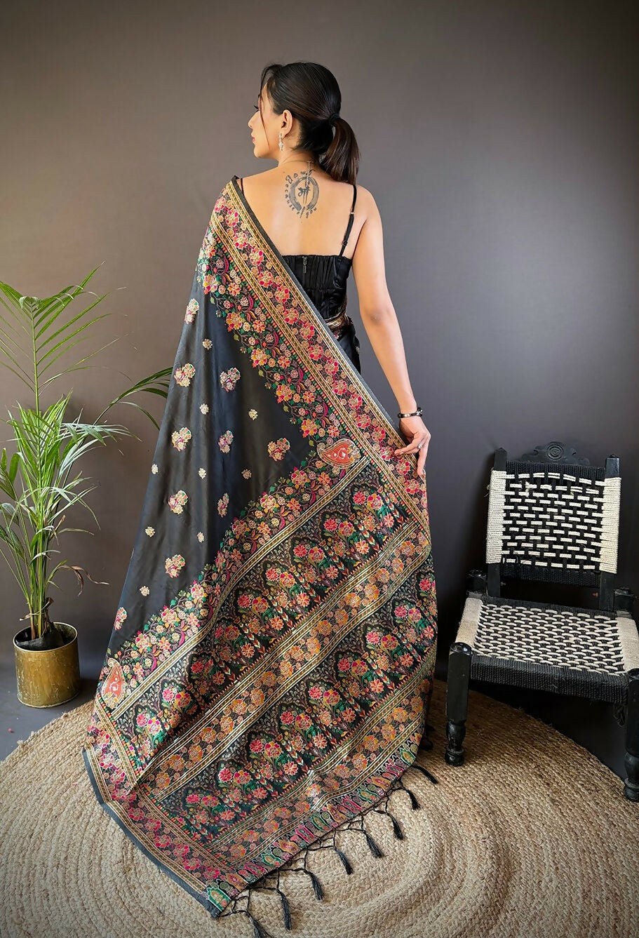 Joban Fashion Black Meena Weaves Pashmina Sarees | Grocsy