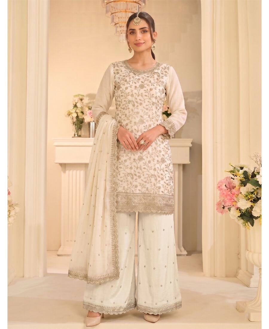 KC White Vichitra Silk Palazzo Suit For Women Festival Wear | Grocsy