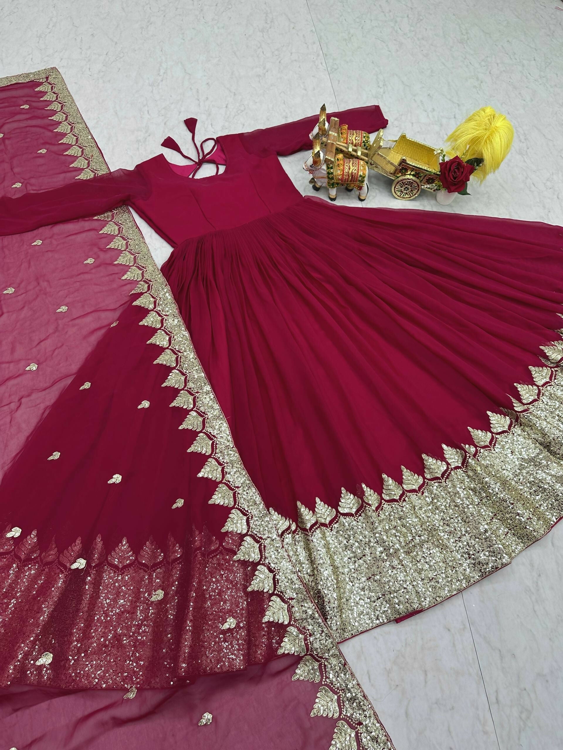 Teeya Creation Womens New Stylish Heavy Sequence Embroidery Work Pink Gown Set | Grocsy