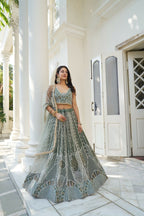 Eilara Glamorous Dusty Green Butterfly Net With Thread And Sequence Embroidered Work Fancy Lace Lehenga Choli For Wedding | Grocsy