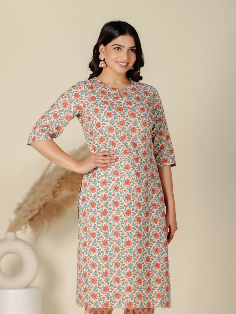 Aramya Orange Soft Cotton Floral Straight Kurta for Women | Grocsy