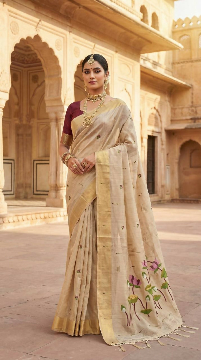 Vastranavya Cream Muga Cotton Meenakari & Munia Weaving Pallu Saree with Contrast Blouse | Grocsy