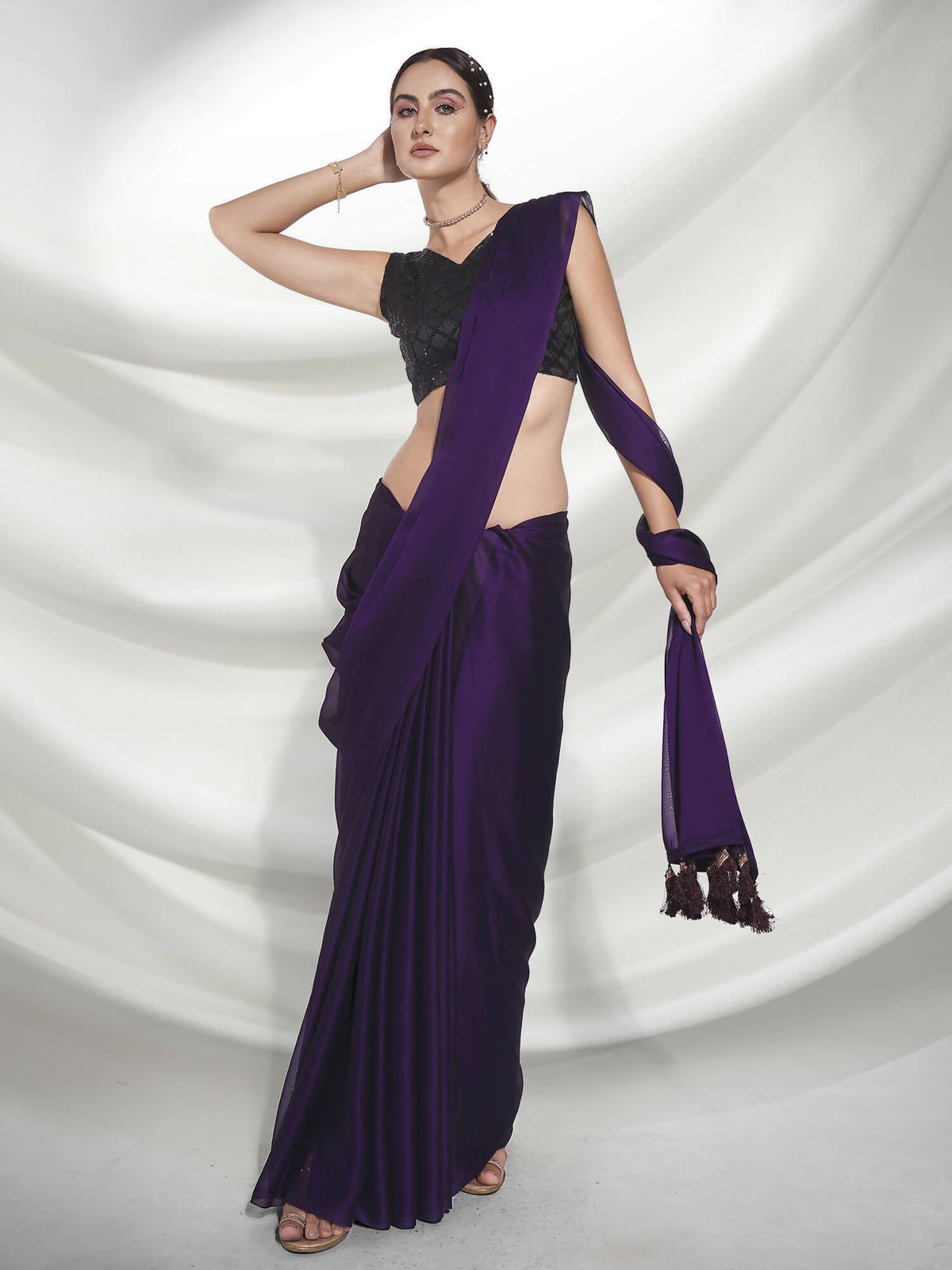 Purple Organza Solid Saree With Unstitched Blouse Piece - Shanaya | Grocsy