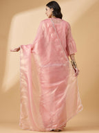 Peach Chiffon Solid Saree with Stitched Blouse & Stone Work Shrug - Dharavi | Grocsy