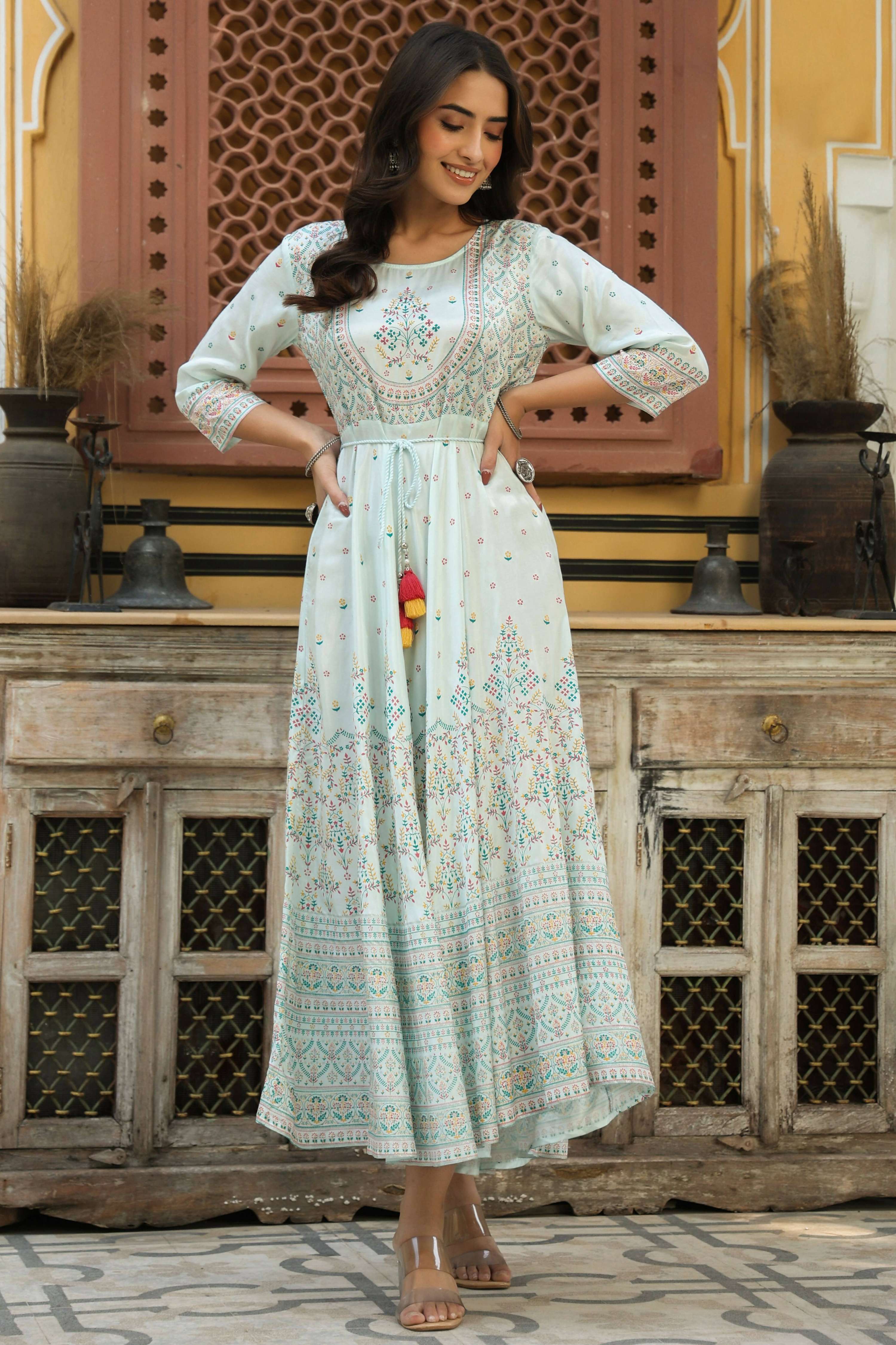 Juniper Women's Skyblue Viscose Shantoon Festive Printed Flared Dress | Grocsy