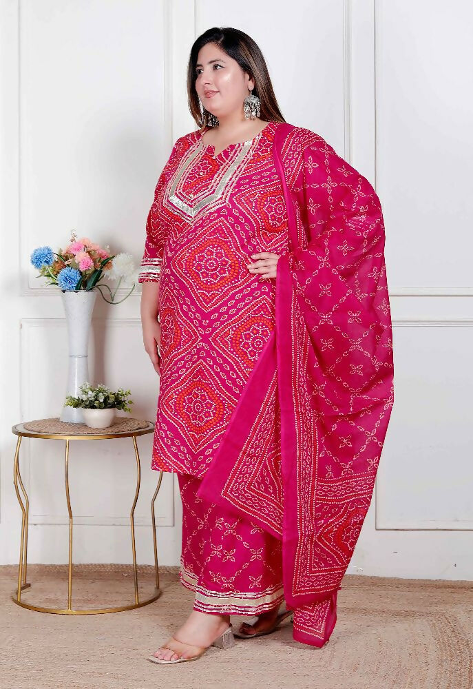 Miravan Plus Size Women'S Pink Bandhani Printed Straight Kurta With Palazzo & Dupatta | Grocsy
