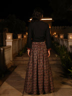 Juniper Women's The Rekha Chitra Black Thread Embroidered Rayon Top & Printed Skirt Set With Beads & Mirror Work | Grocsy