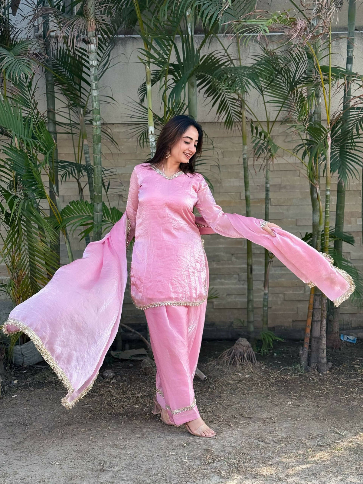 Teeya Creation Womens New Festive Wear Hand Made Real Mirror Pal Moti Lace Baby-Pink Kurta Set | Grocsy