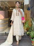 The52 Off White Women's Gorgeous Chinon Fabric Embroidered Work Straight Kurta Pant and Dupatta Set | Grocsy