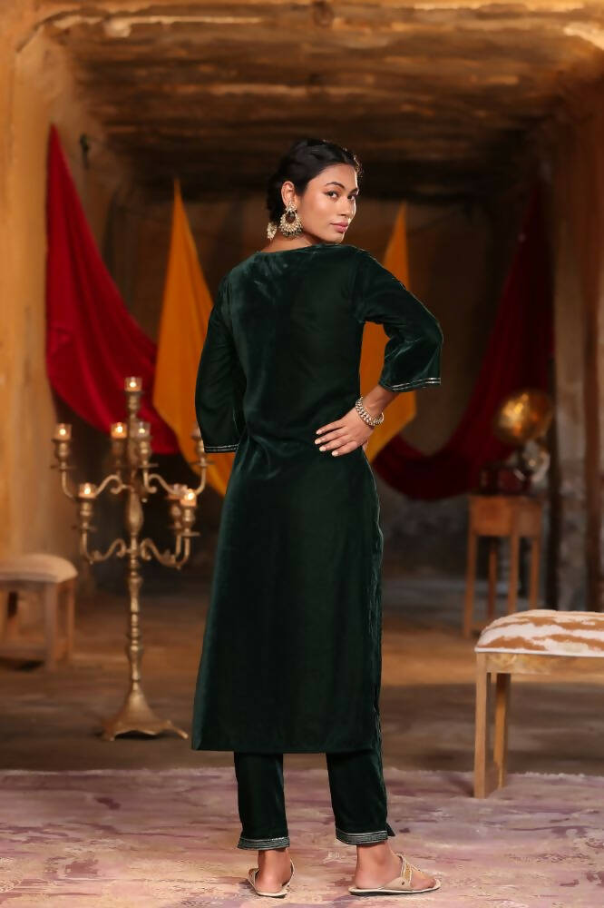 Juniper Women Jadegreen Velvet Embroidered Straight Kurta Sets | Grocsy