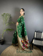 Joban Fashion Green Peacock & Floral Motifs Soft Silk Kanchipuram Saree | Grocsy