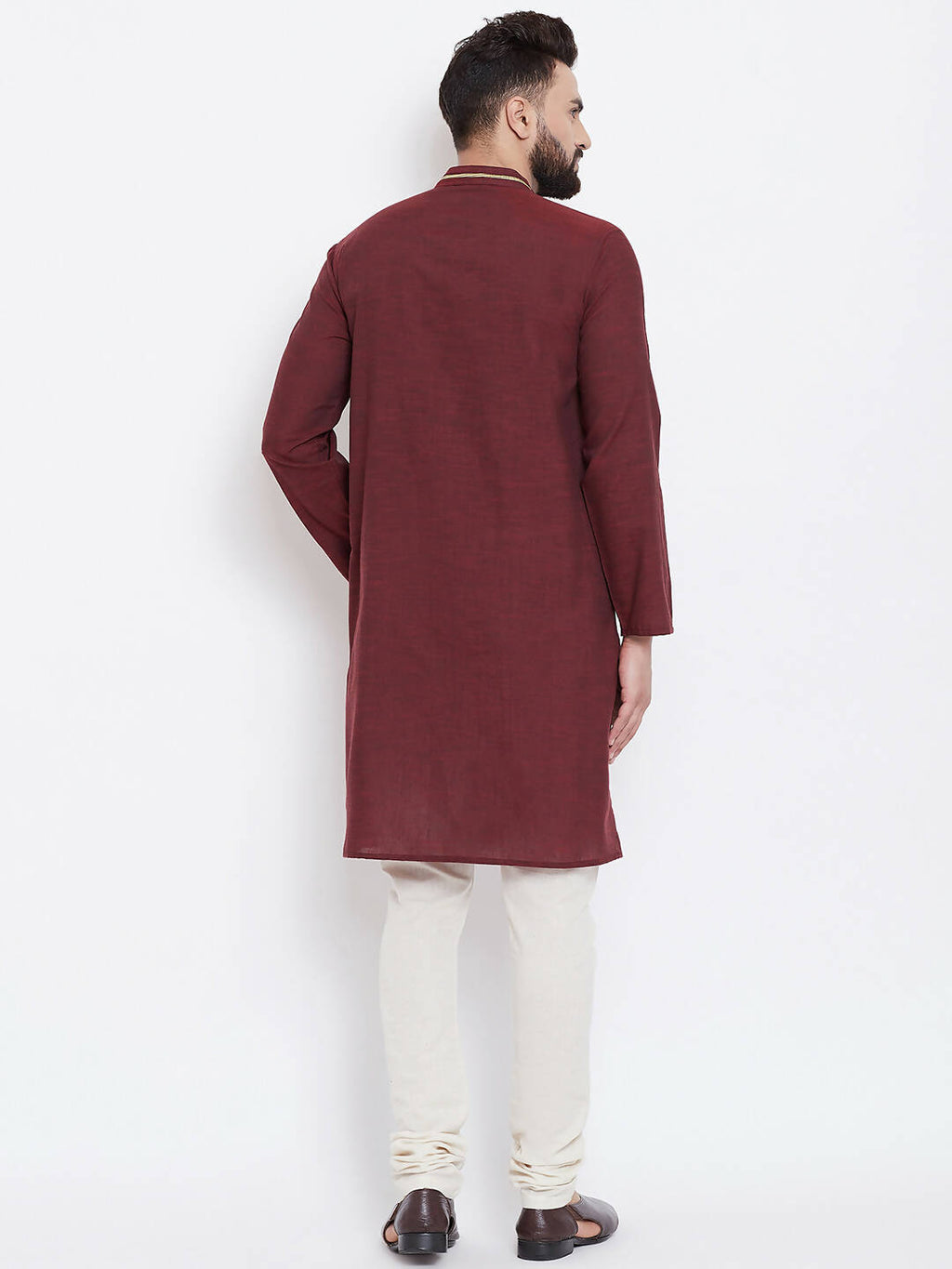 Even Apparels Maroon Pure Cotton Men's Kurta With Band Collar | Grocsy
