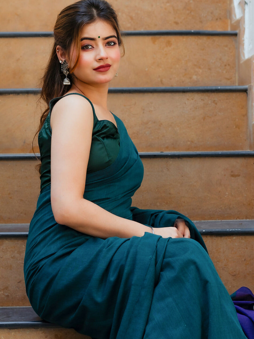 Zibaa Hand-Dyed Mul Cotton Peacock Green Saree with Tassels | Grocsy