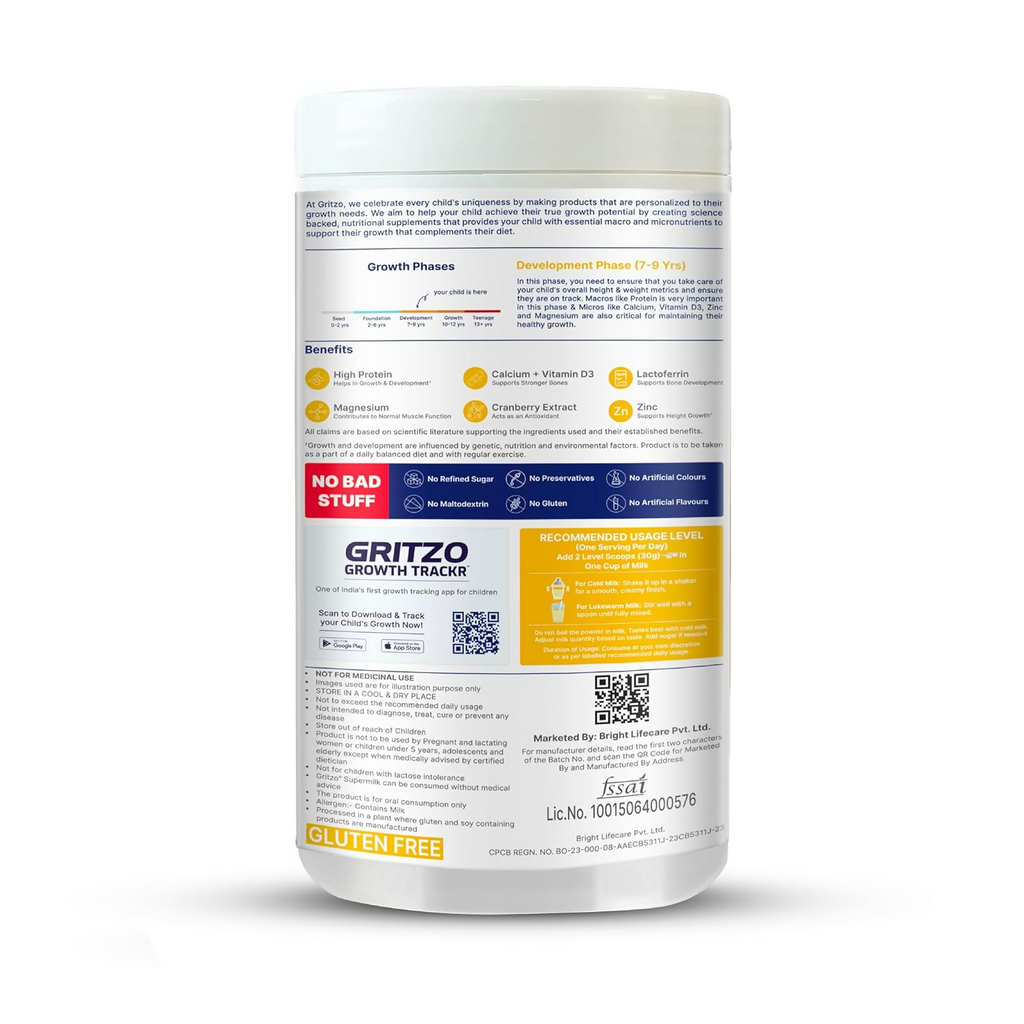 Gritzo SuperMilk Growth+ (Formerly Height+) Unsweetened Drink Mix (7-9y Girls), 10g Protein Powder- Creamy Vanilla | Grocsy