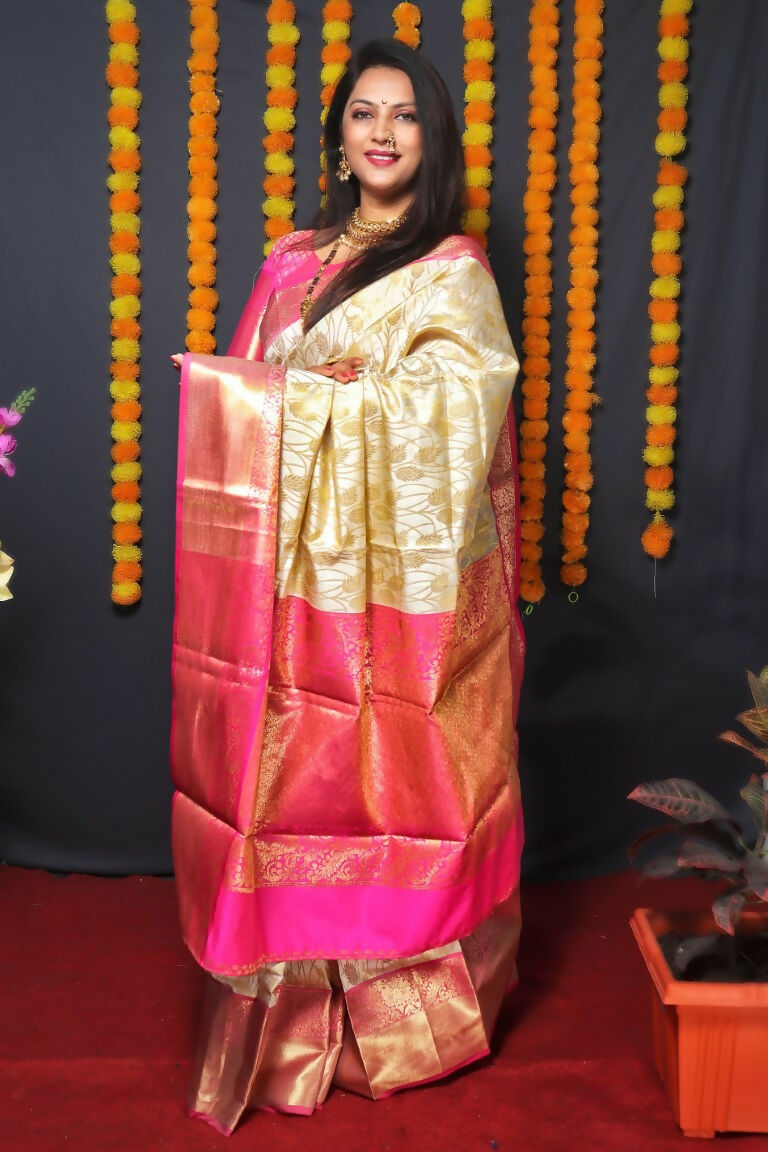 Jyoti Fashion Women's Off White Kanjivaram Silk Zari Woven Saree with Blouse | Grocsy