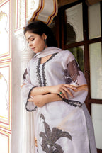 Vaasva Women Grey Tabby Slik Print & Embroidered Kurta, Pant & Dupatta Straight | Grocsy
