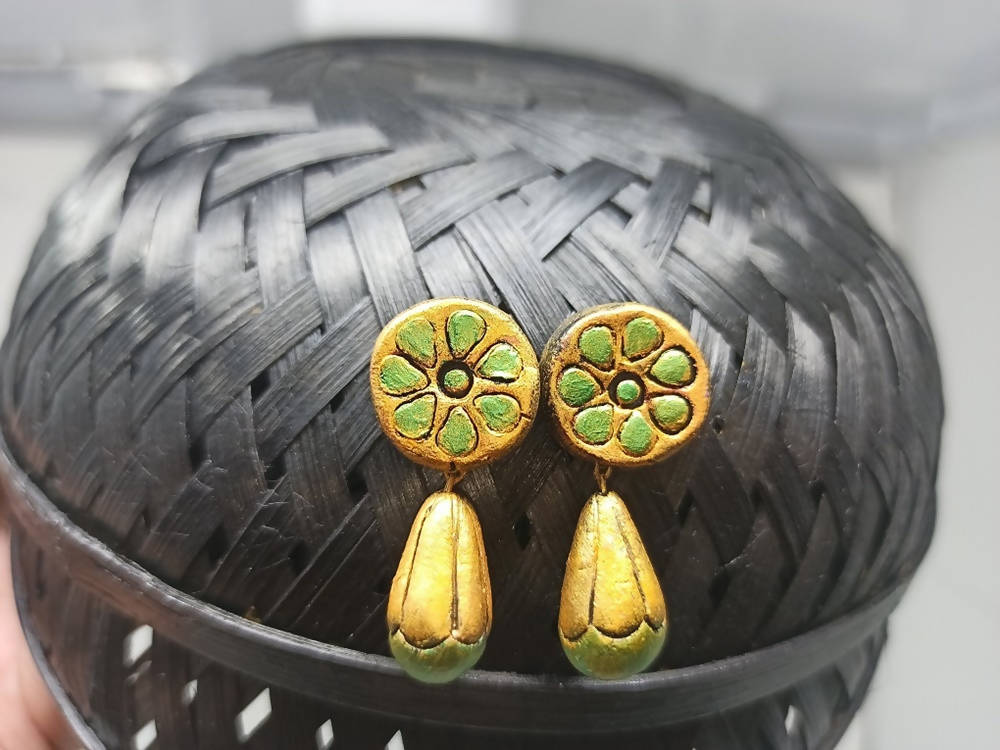 Terracotta Round Earstuds With Drops-Copper And Green | Grocsy