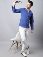 Even Apparels Blue Pure Cotton Round Neck Slit Men's Kurta | Grocsy