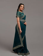 PR Fashion Petrol Zometo Embroidery Lace Saree | Grocsy