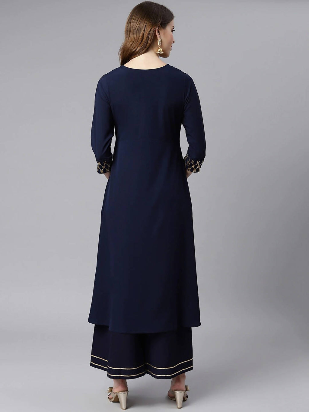 Janasya Women Navy Blue & Gold-Toned Printed Yoke Design Keyhole Neck Crepe Anarkali Kurta | Grocsy