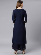 Janasya Women Navy Blue & Gold-Toned Printed Yoke Design Keyhole Neck Crepe Anarkali Kurta | Grocsy