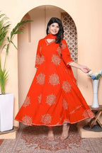 Miravan Women'S Orange Floral Cotton Printed Anarkali Kurta With Dupatta | Grocsy
