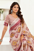 Vastranavya White Maroon Digital Printed Linen Ready To Wear Designer Saree with Unstitched Blouse | Grocsy