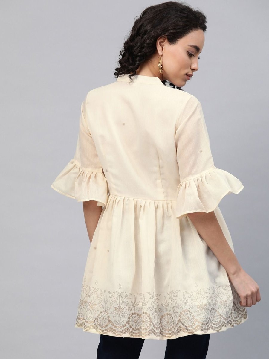 Ahalyaa Women Cream-Coloured Chanderi Ethnic Print Tunic | Grocsy