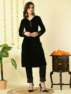 Myshka Women's Black Velvet Kurta With Trousers Party Sets | Grocsy