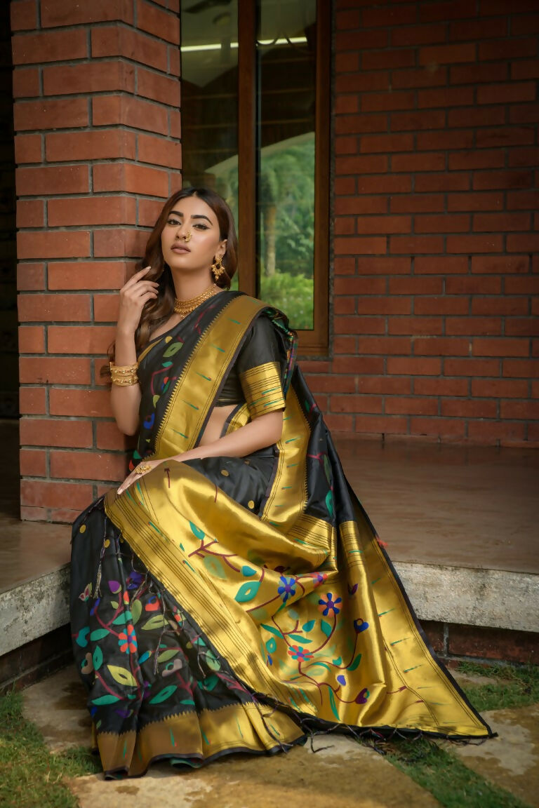 Jyoti Fashion Women's Black Paithani Silk Zari Woven Saree with Blouse | Grocsy