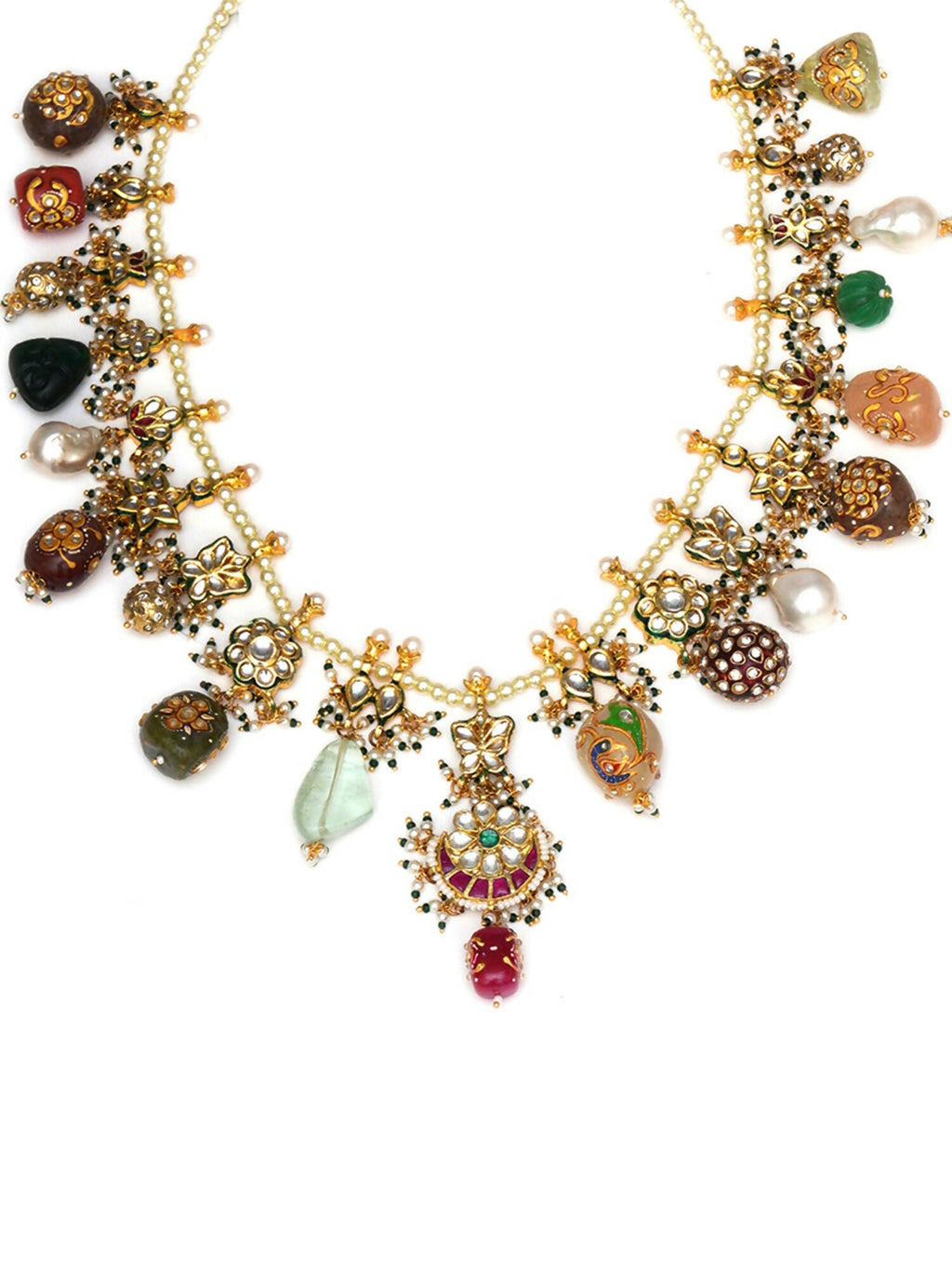 Long Kundan Neckpiece with Earrings with Multi Stones Jewellery Set (Gold) - Ruby Raang | Grocsy