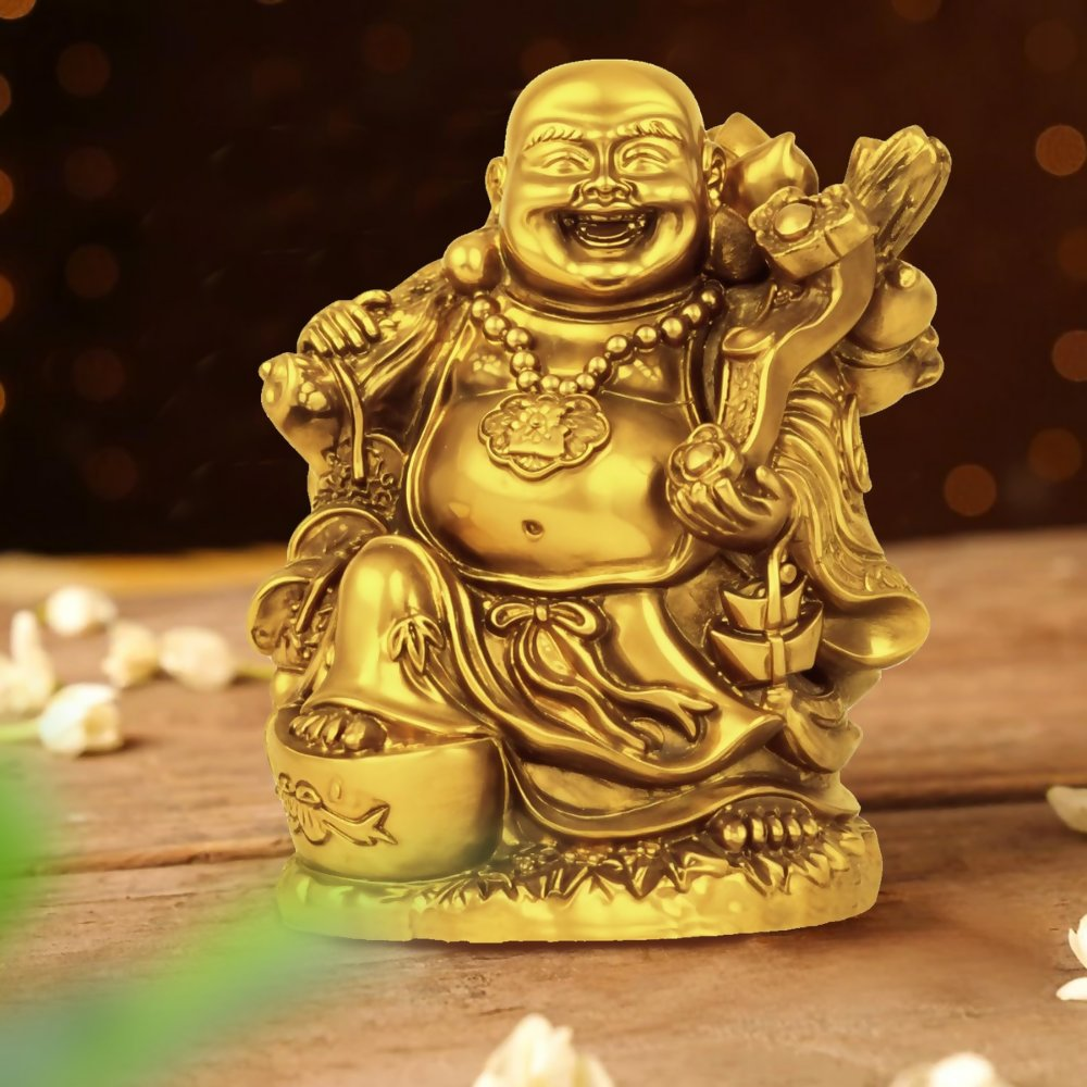 Tied Ribbons Decorative Good Plated Luck Laughing Buddha Idol Statue Showpiece | Grocsy