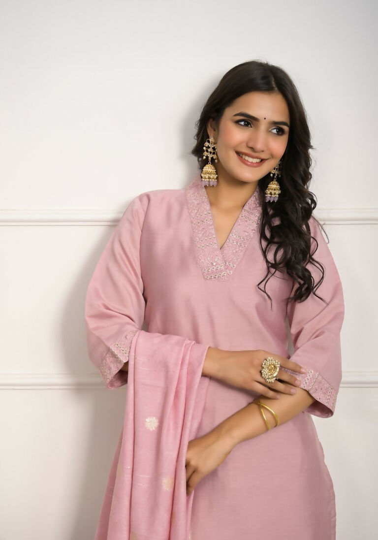 Festive Wear Ethnic Peach Viscose chanderi Stitched Suit With Dupatta - Nisha | Grocsy