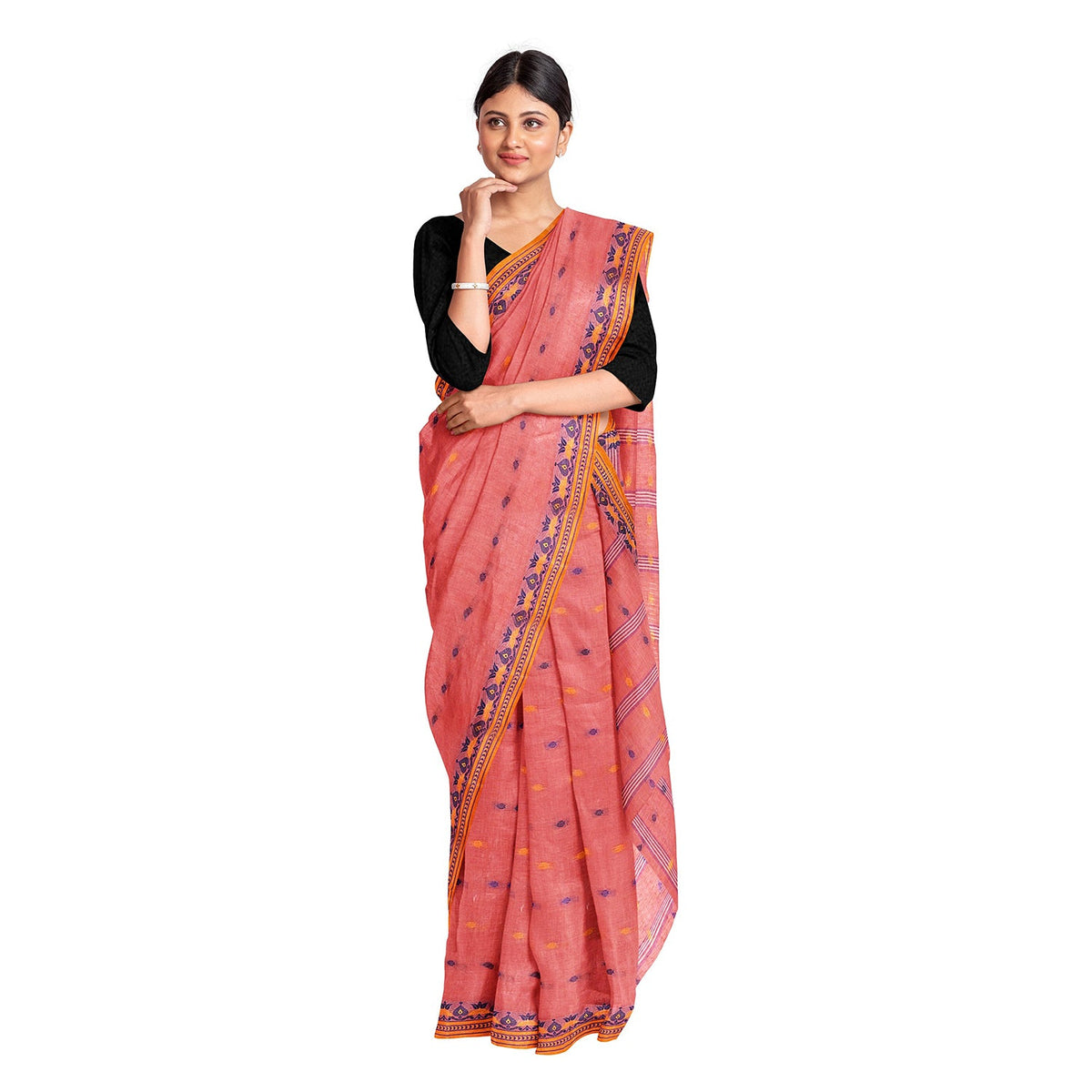 Exclusive Collection 100% Pure Cotton Peach Tant Saree With Hand Weaving Work | Grocsy