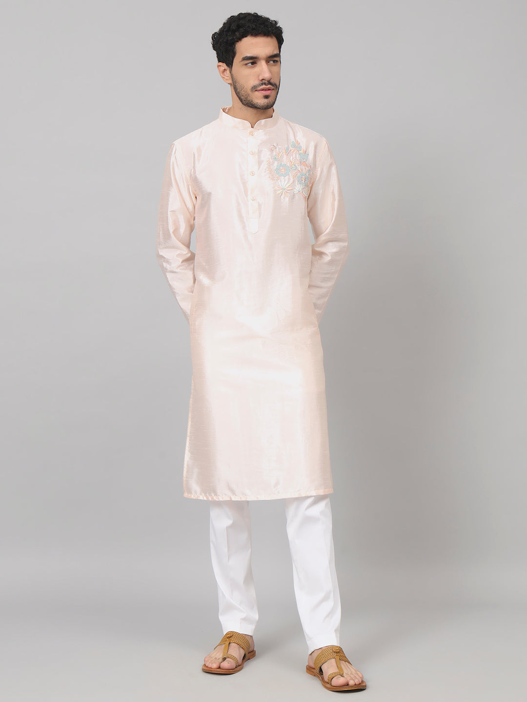 Coral Charm Traditional Embroidered Silk Kurta by Hilo Design | Grocsy