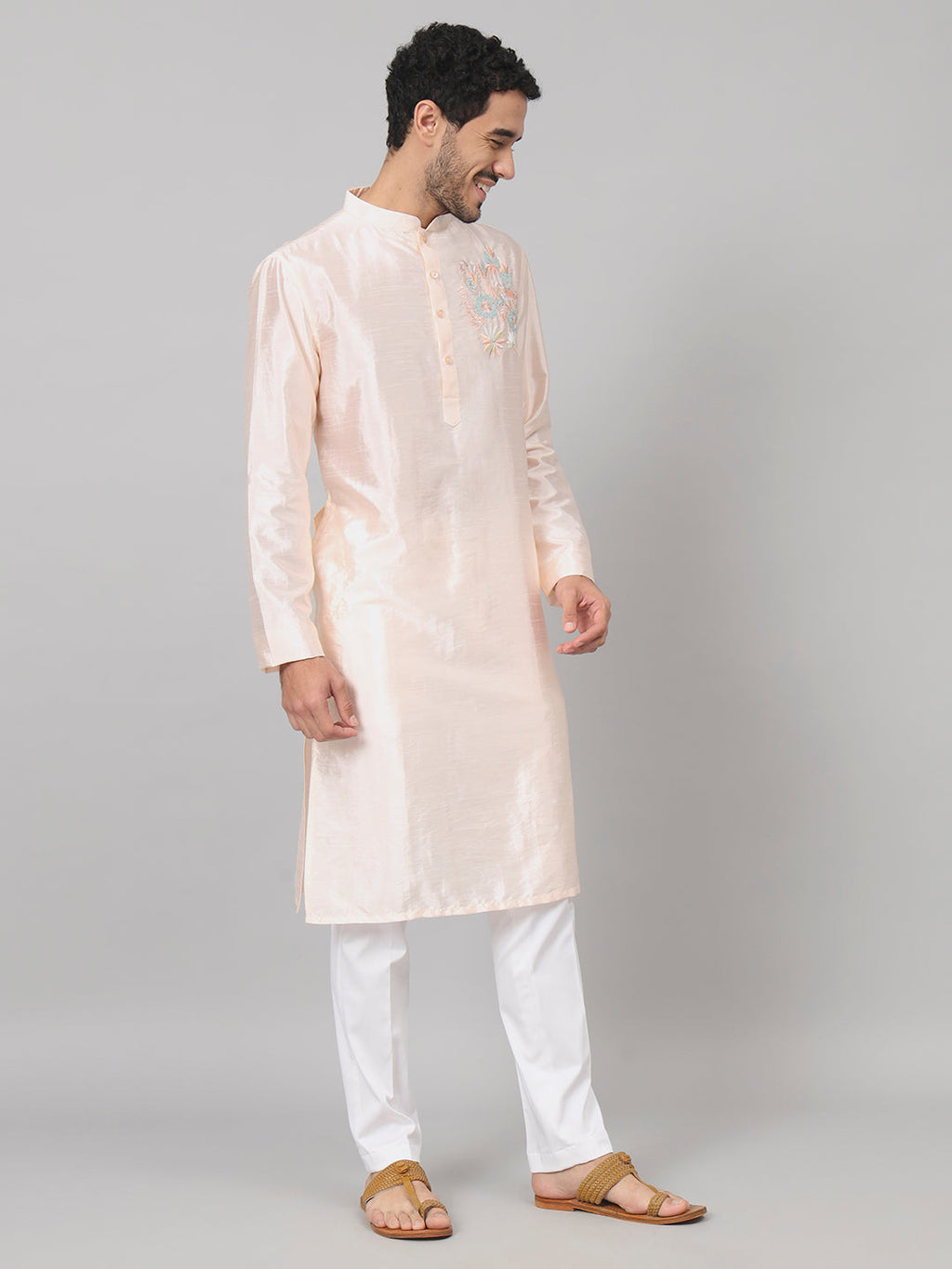 Coral Charm Traditional Embroidered Silk Kurta by Hilo Design | Grocsy