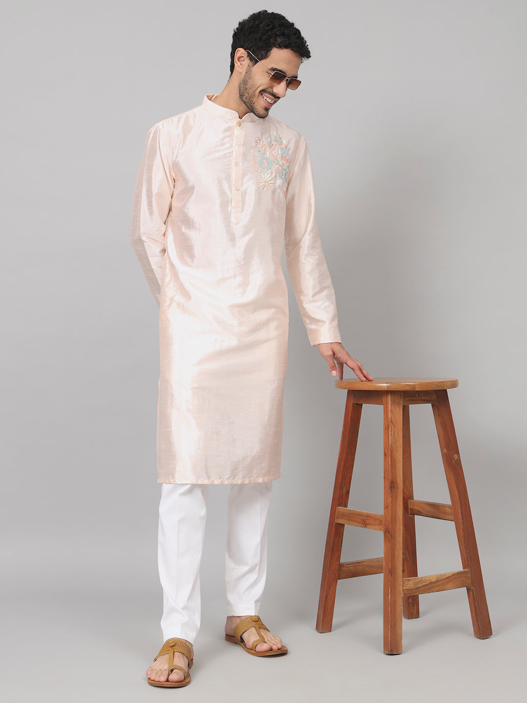 Coral Charm Traditional Embroidered Silk Kurta by Hilo Design | Grocsy