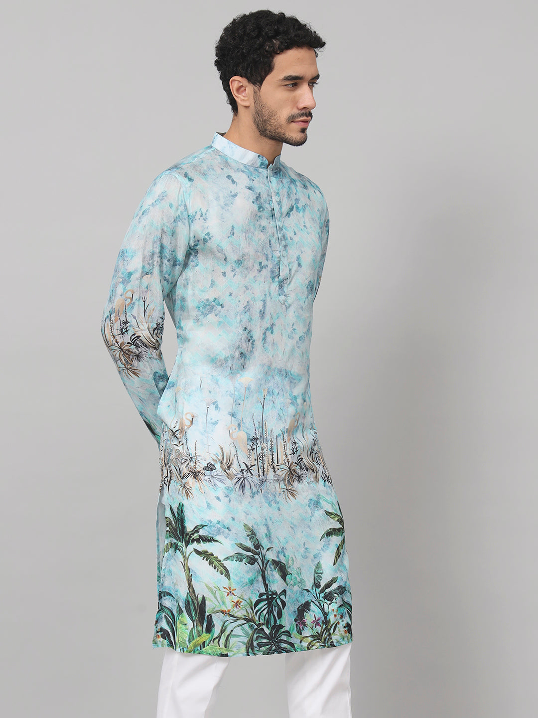 Palm Trees Print Silk Kurta by Hilo Design | Grocsy