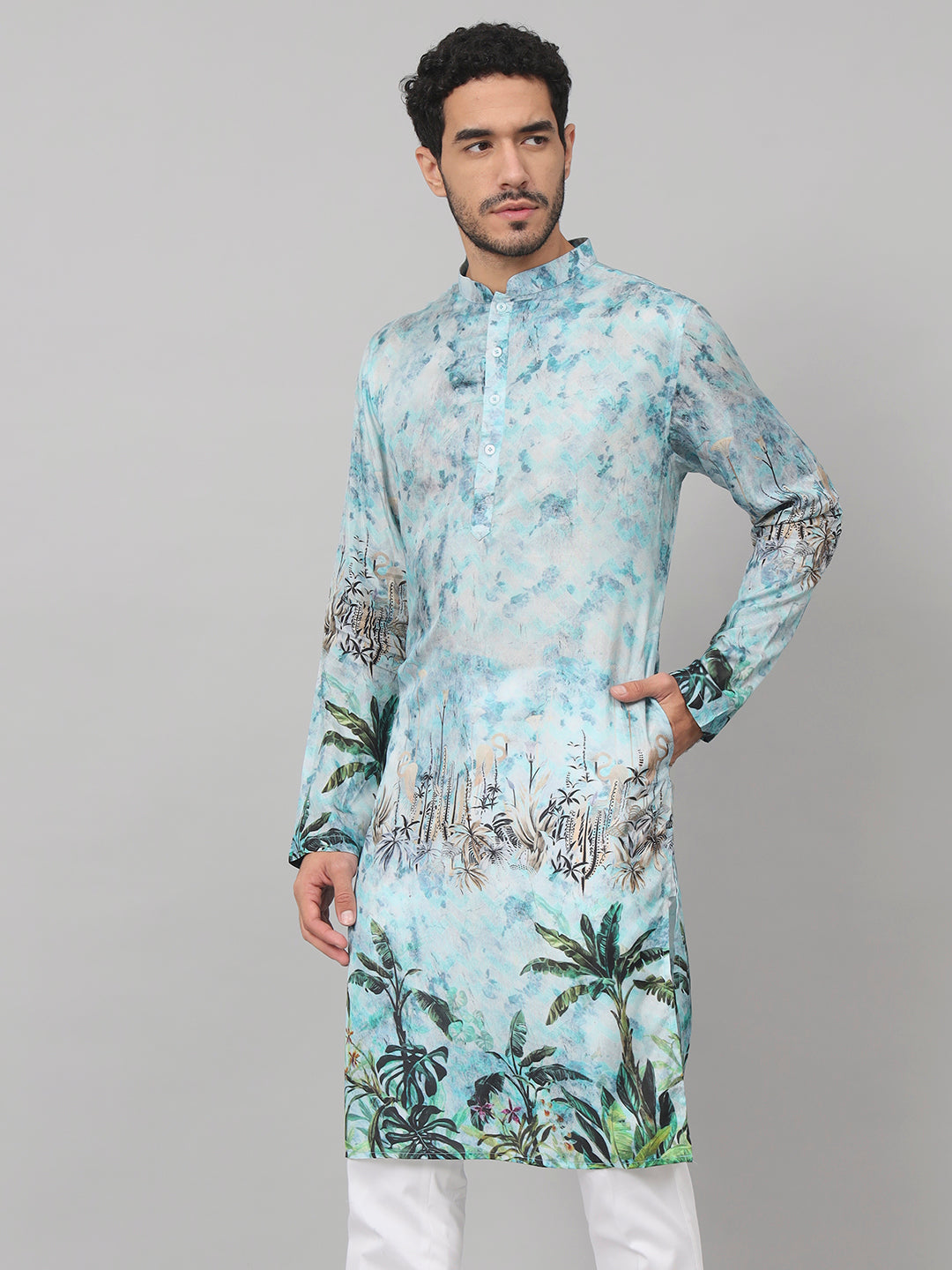 Palm Trees Print Silk Kurta by Hilo Design | Grocsy