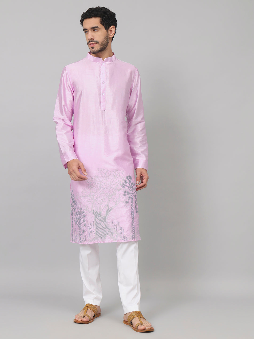 Orchid Embroidered Silk Kurta by Hilo Design | Grocsy
