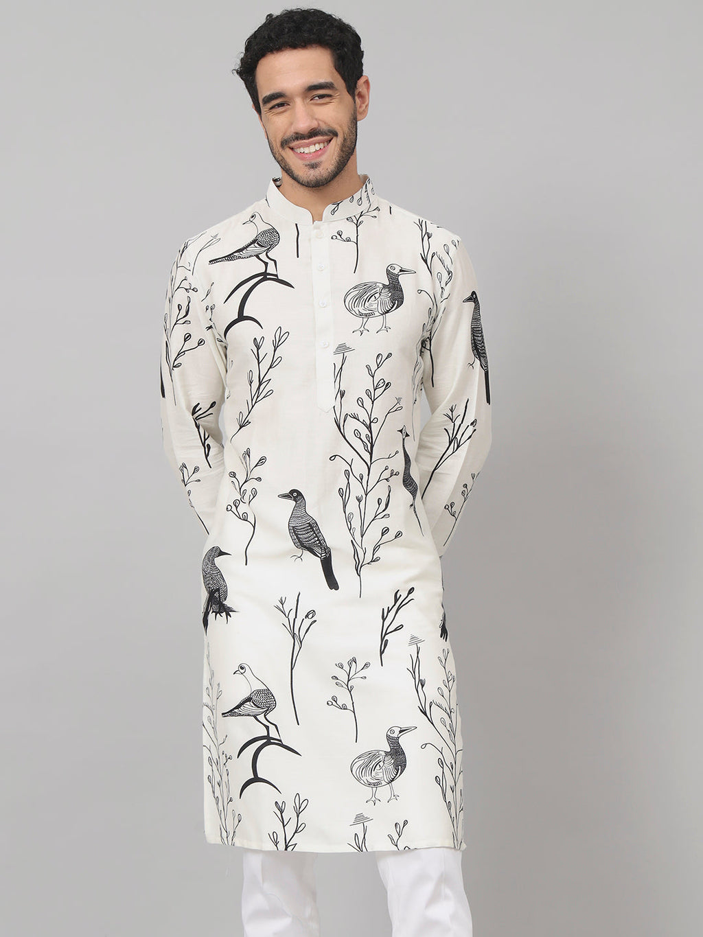 Feathered Birds Print Cotton Kurta by Hilo Design | Grocsy
