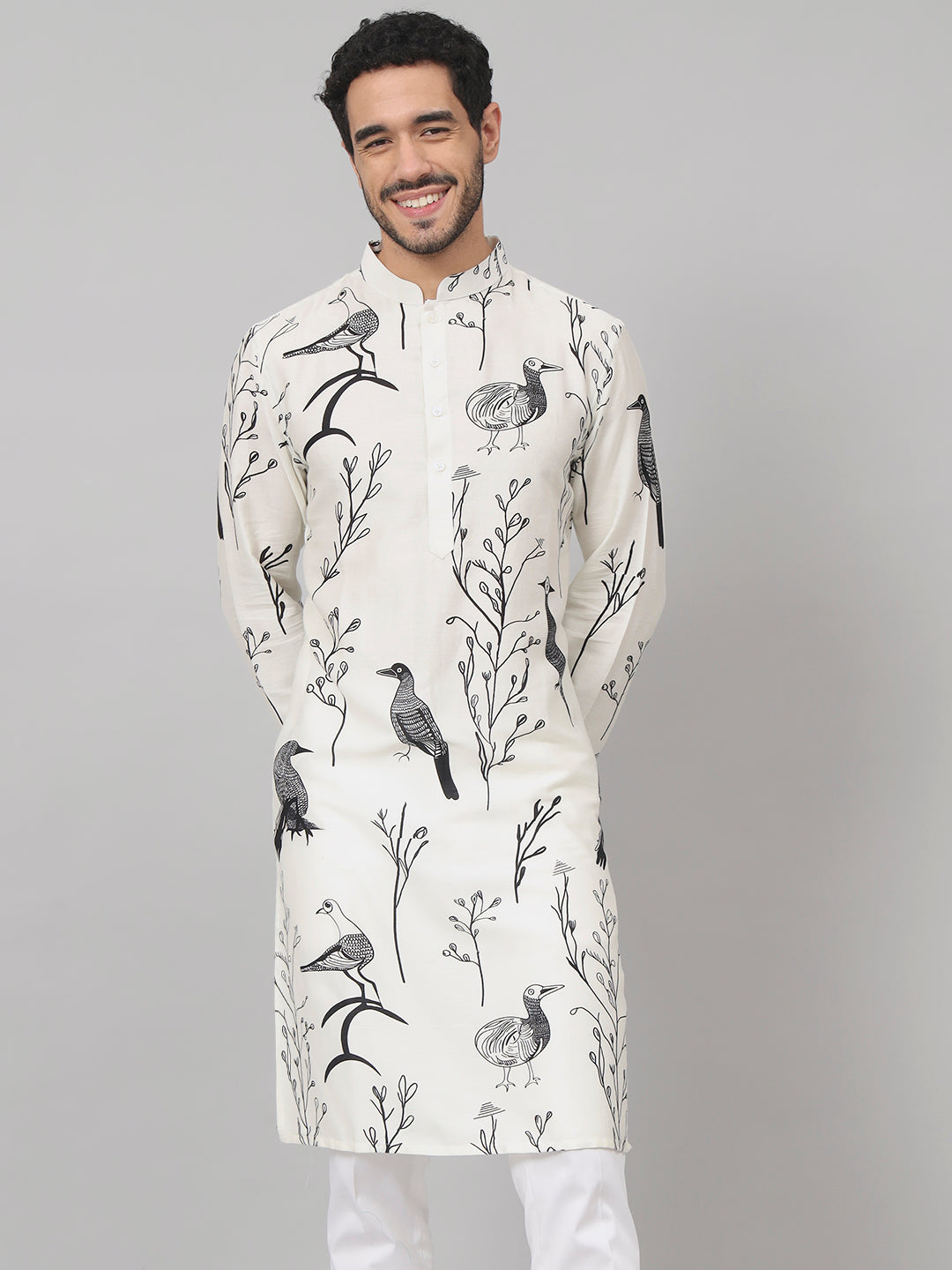 Feathered Birds Print Cotton Kurta by Hilo Design | Grocsy
