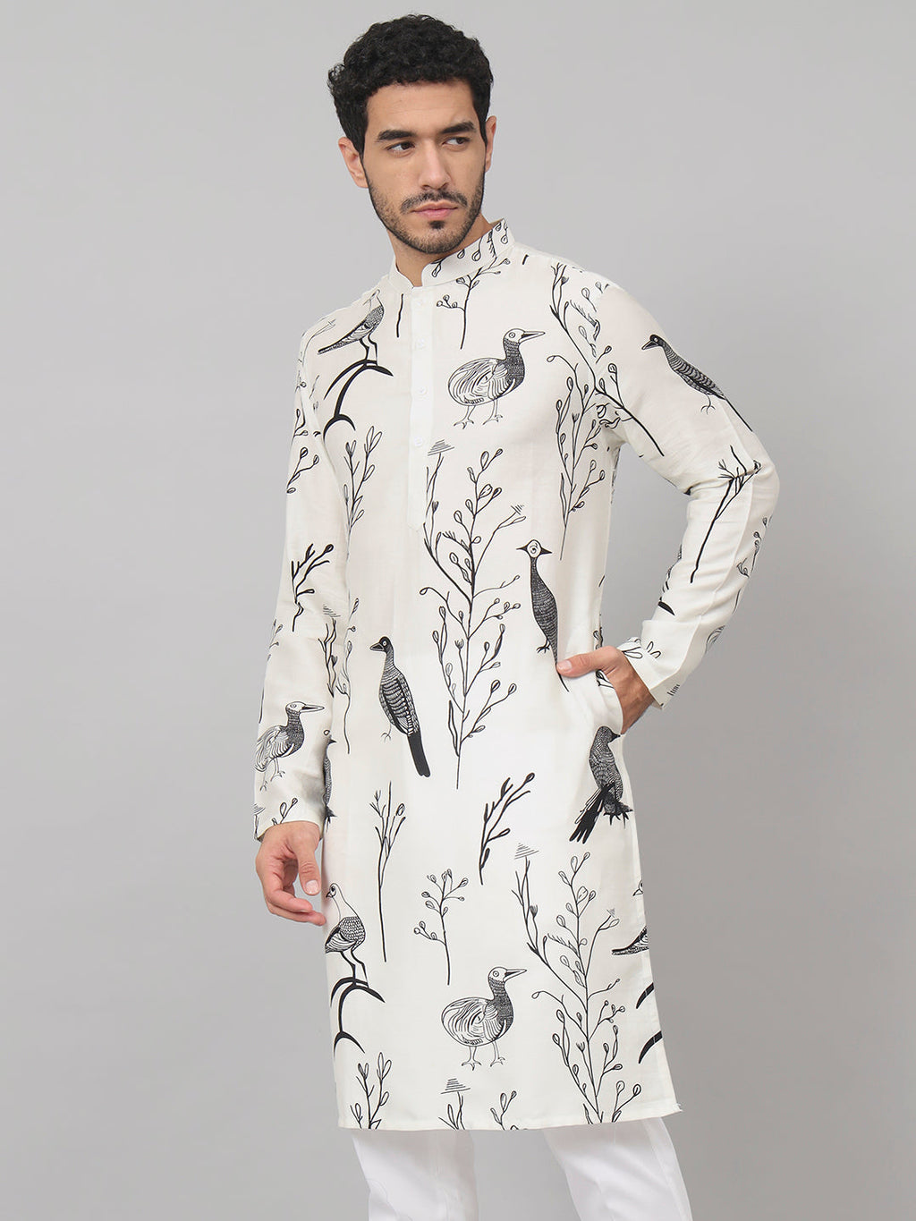 Feathered Birds Print Cotton Kurta by Hilo Design | Grocsy