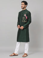 Dark Fern Embroidered Silk Kurta by Hilo Design | Grocsy