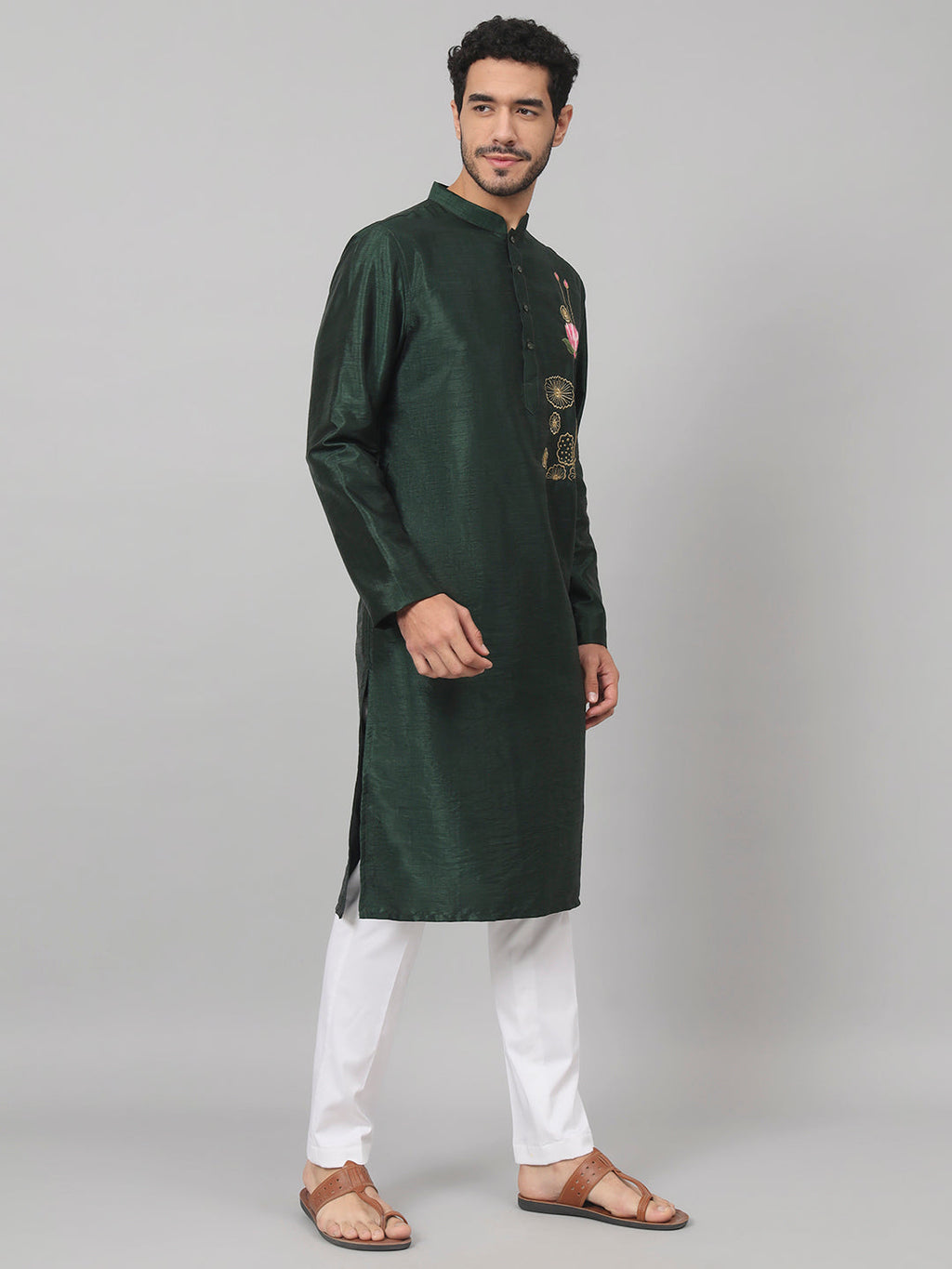 Dark Fern Embroidered Silk Kurta by Hilo Design | Grocsy