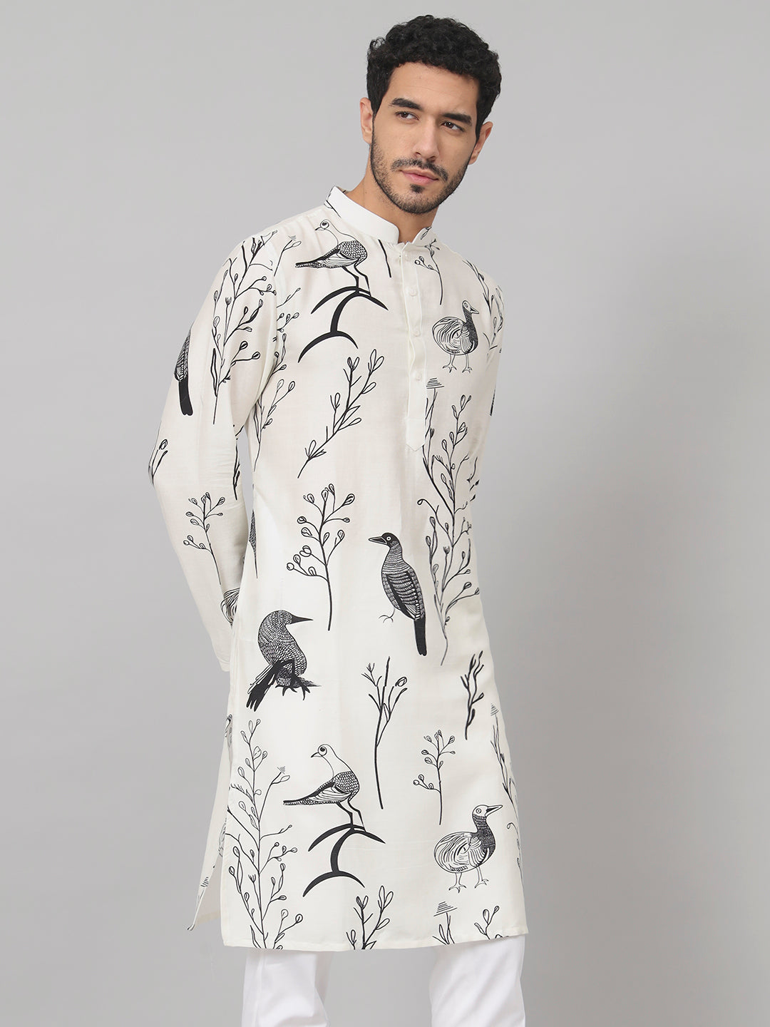 Feathered Birds Print Cotton Kurta by Hilo Design | Grocsy