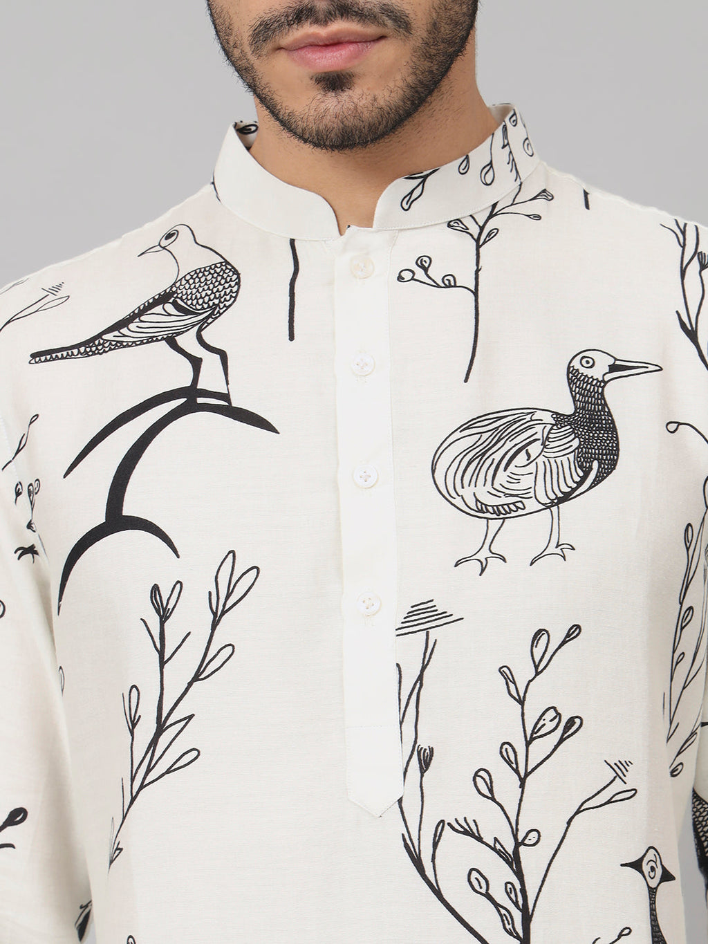 Feathered Birds Print Cotton Kurta by Hilo Design | Grocsy