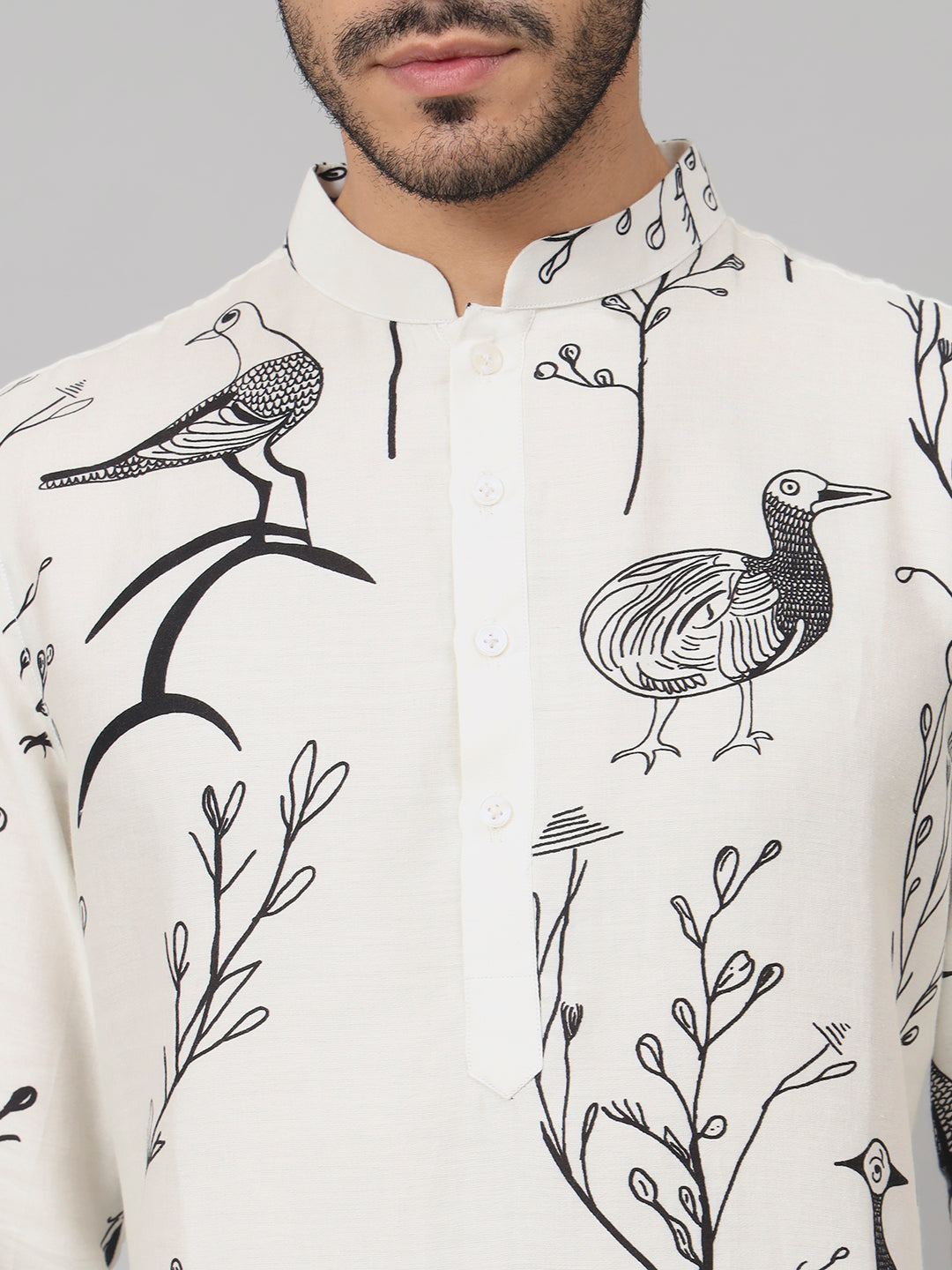 Feathered Birds Print Cotton Kurta by Hilo Design | Grocsy